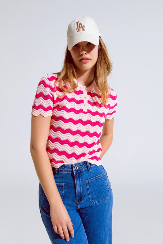 Q2 Polo rose à rayures ondulées fuchsia