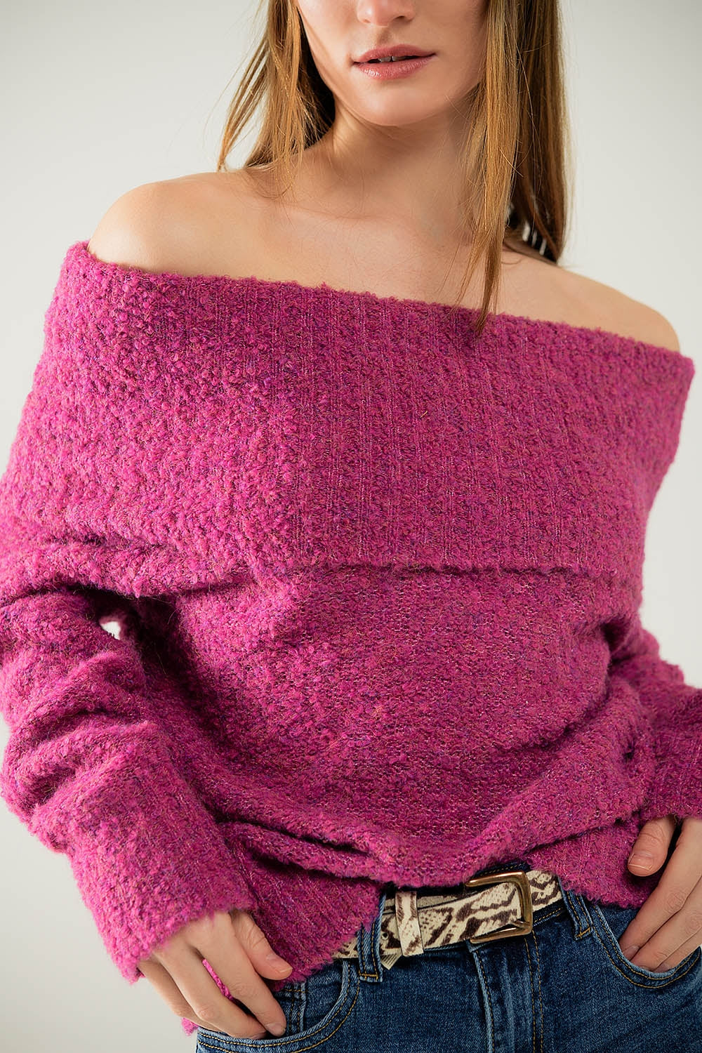 Pull à col bateau en maille duveteuse fucsia