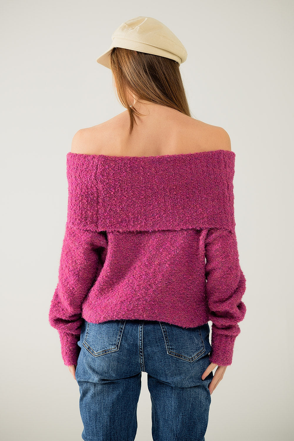 Pull à col bateau en maille duveteuse fucsia