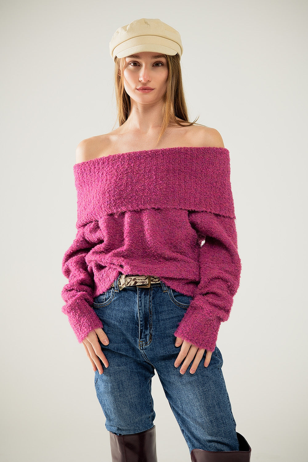 Pull à col bateau en maille duveteuse fucsia