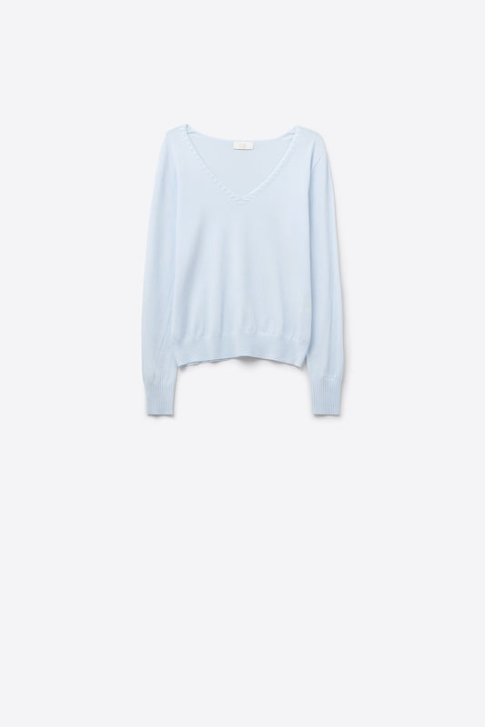 Q2 Pull à col en V en maille fine avec encolure décorative en bleu