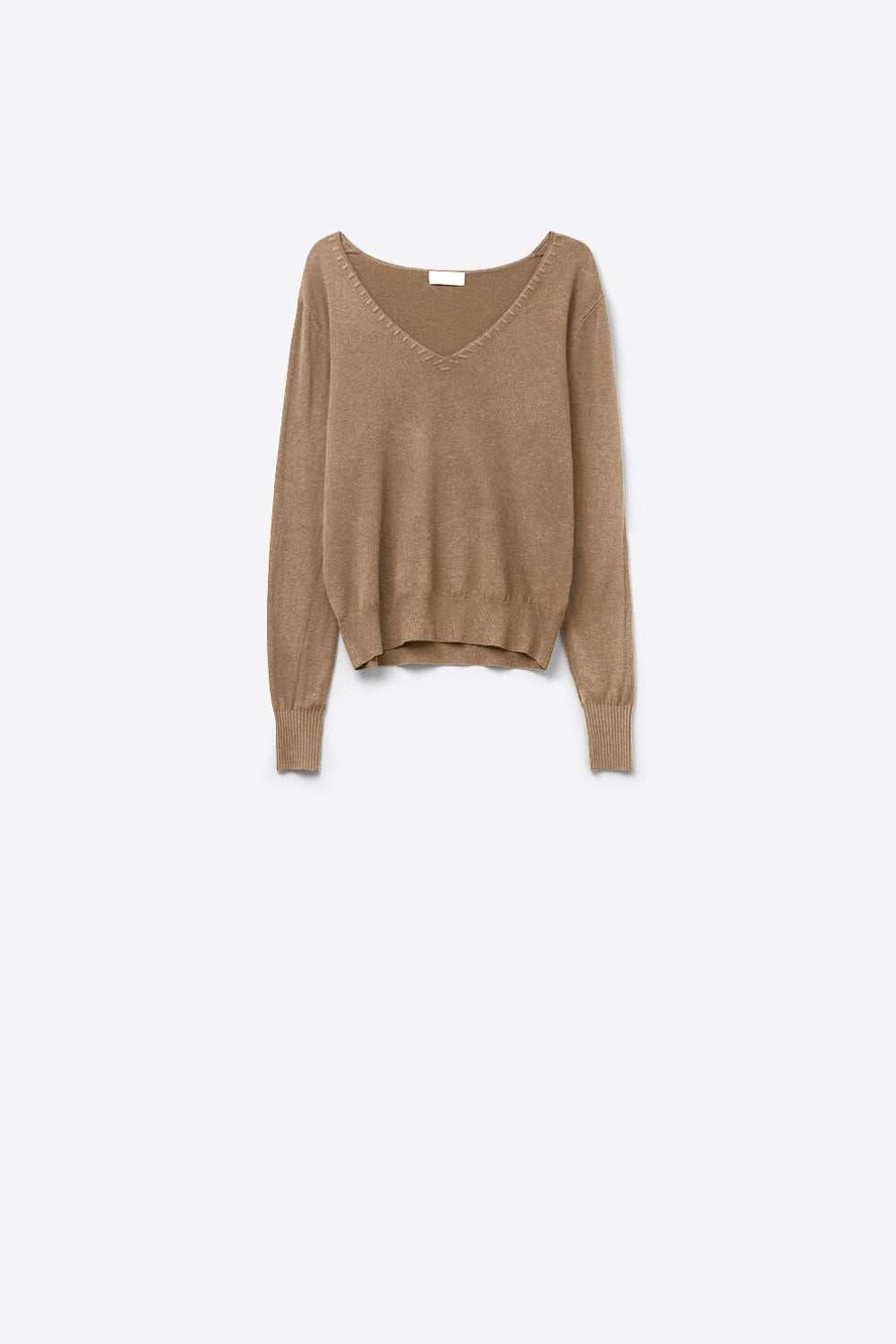 Q2 Pull à col en V en maille fine avec encolure décorative en couleur camel