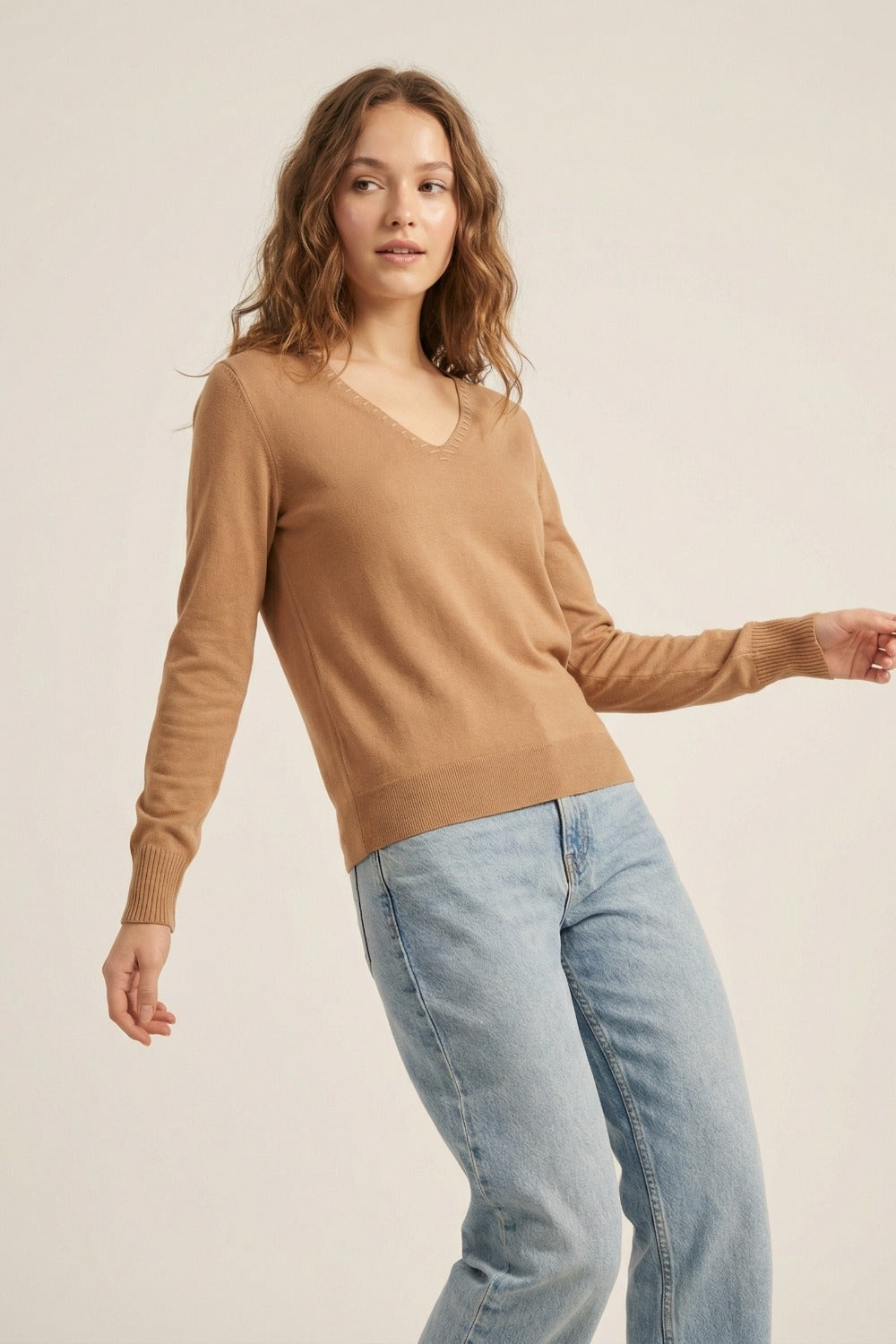 Pull à col en V en maille fine avec encolure décorative en couleur camel