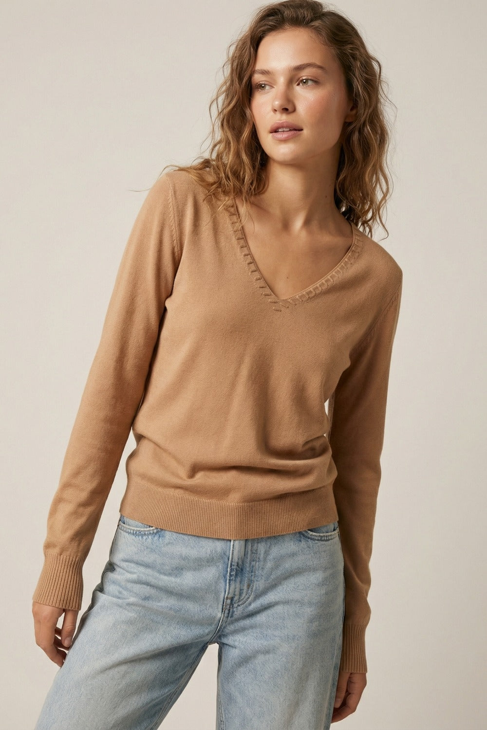 Pull à col en V en maille fine avec encolure décorative en couleur camel