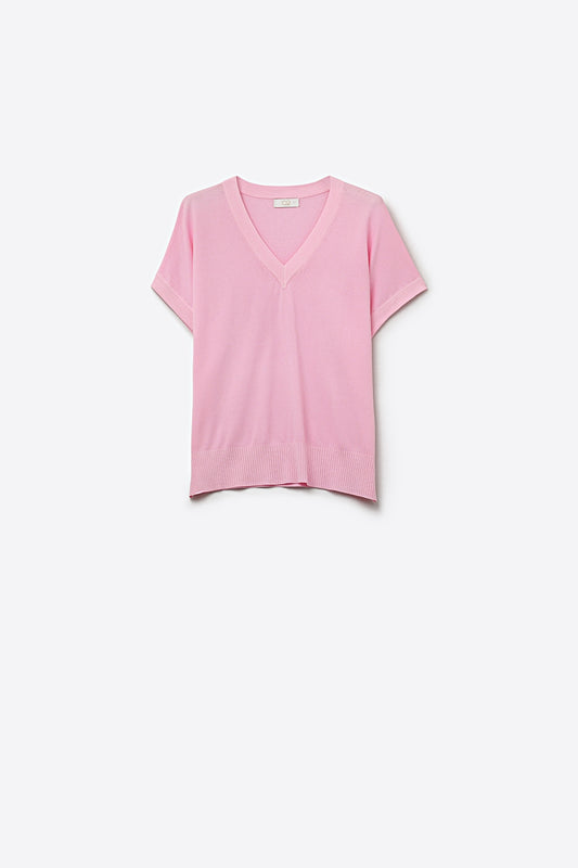 Q2 Pull à col en V en maille fine avec ourlet côtelé de couleur rose