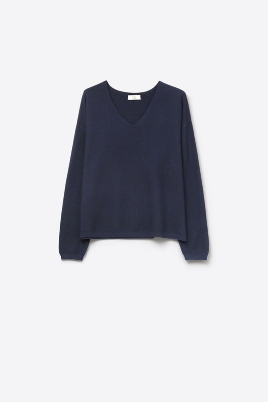 Q2 Pull à col en V en maille fine marine avec texture linéaire subtile