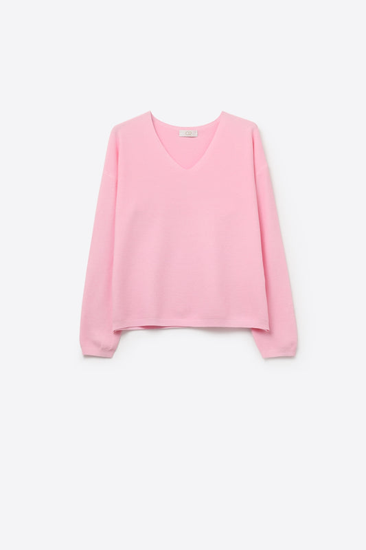 Q2 Pull à col en V en maille fine rose avec texture linéaire subtile