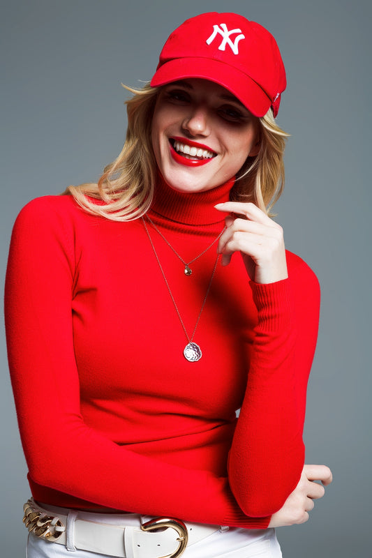 Q2 Pull à col montant en maille fine rouge