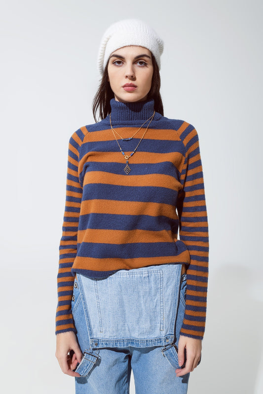 Q2 Pull à col roulé à rayures en bleu et marron