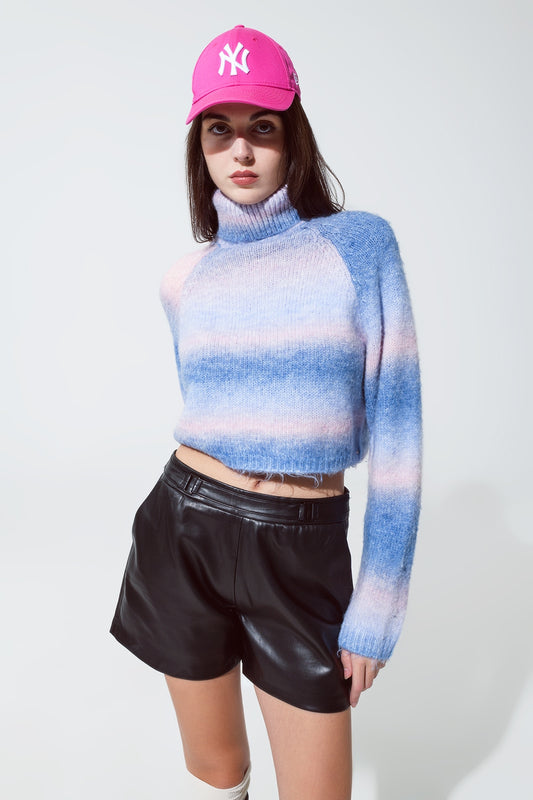 Q2 Pull à col roulé en tricot duveteux en bleu et rose Degrade