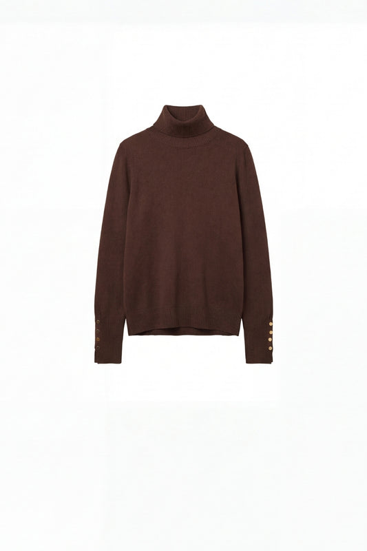Q2 Pull ˆ col roulŽ marron avec boutons dorŽs sur la manchette