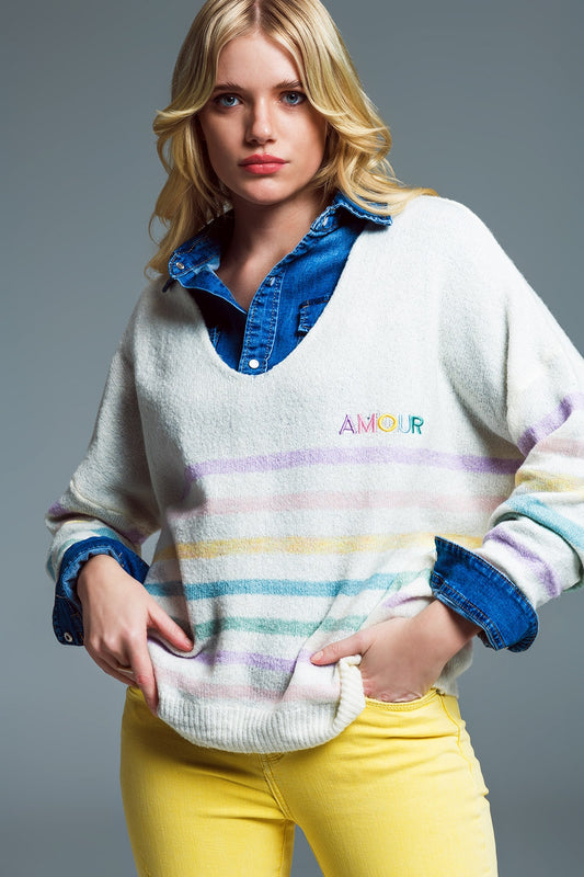 Q2 Pull à col V profond avec rayures en couleurs pastel et broderie Amour