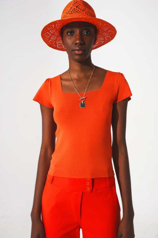 Q2 Pull à collier carrée avec manches bouffantes orange