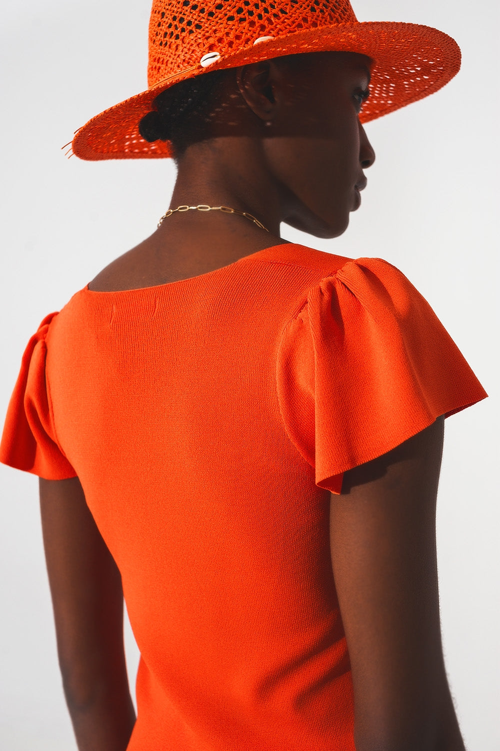 Pull à collier carrée avec manches bouffantes orange