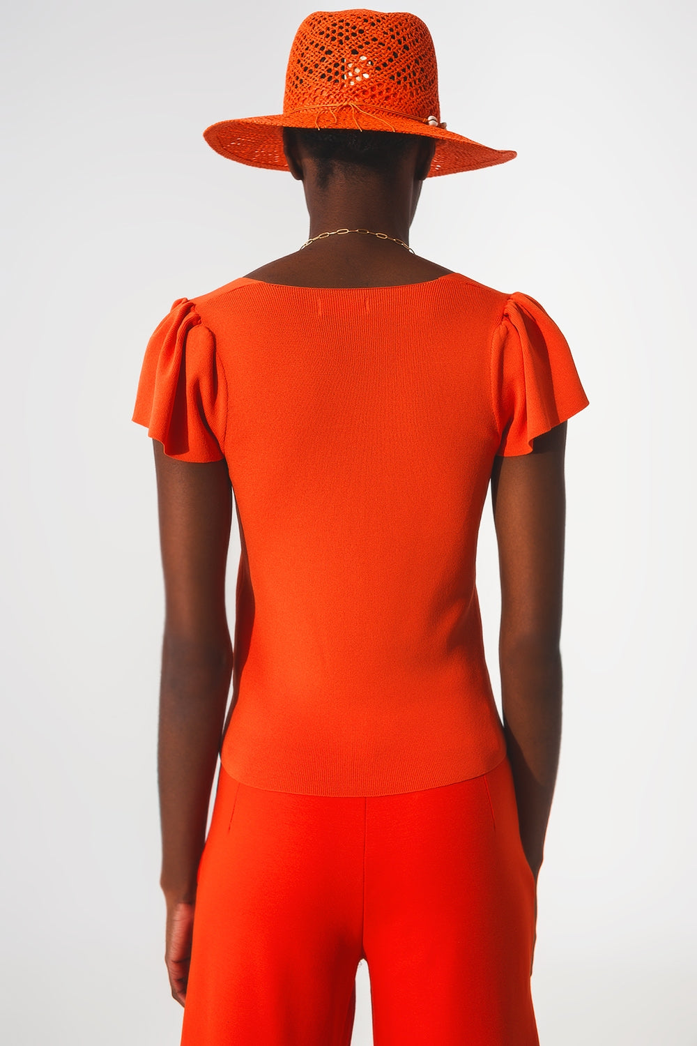 Pull à encolure carrée avec manches bouffantes orange