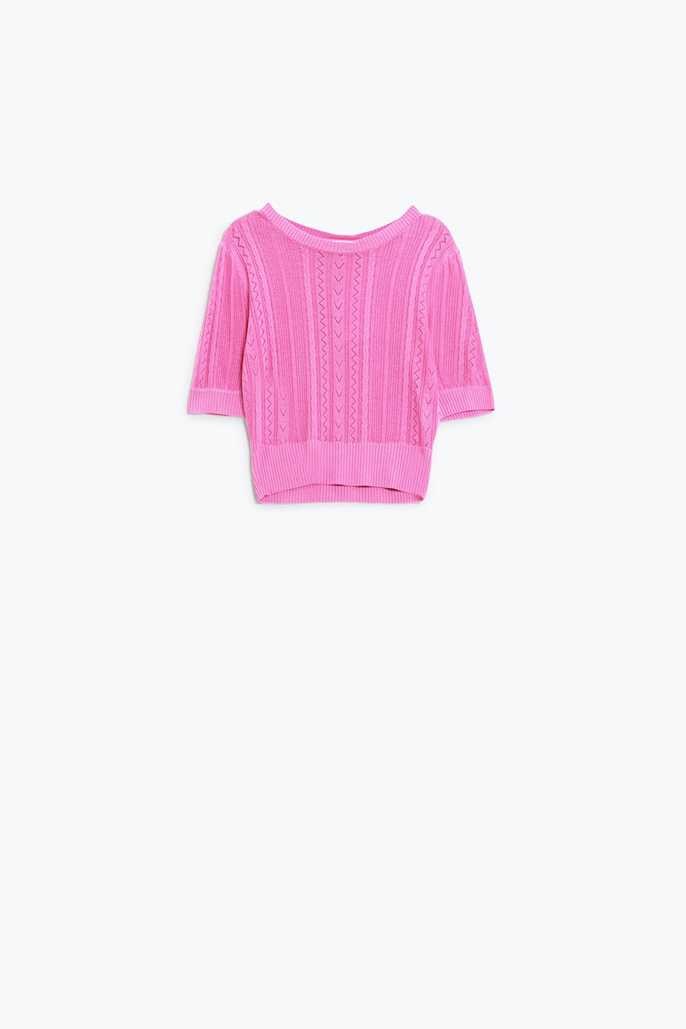 Pull à manches 3/4 en tricot fuchsia avec détails de rayures en zig-zag