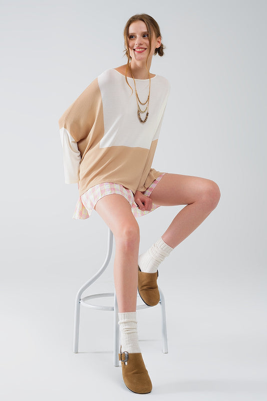 Q2 Pull à manches chauve-souris en blocs de couleur blanc et beige