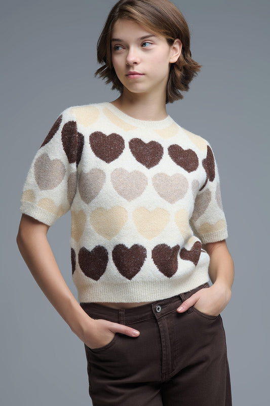 Q2 Pull à manches courtes avec cœur imprimé en beige