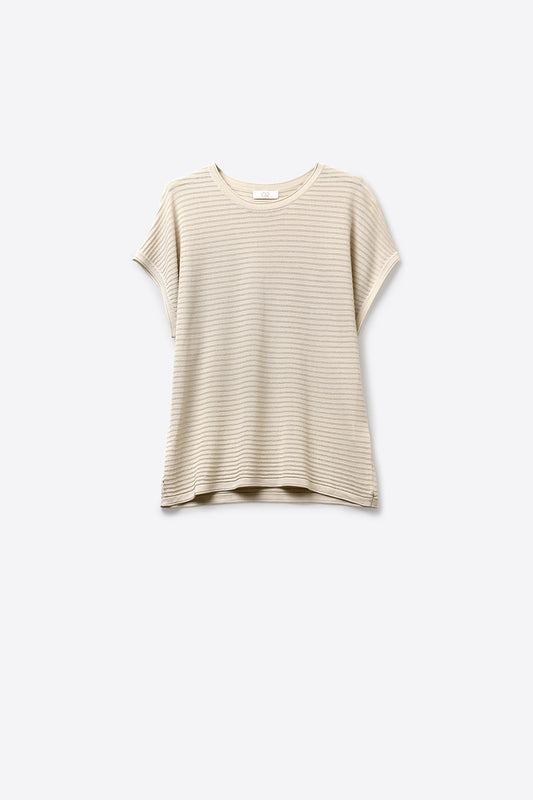 Q2 Pull à manches courtes beige en maille côtelée ouverte avec coupe décontractée