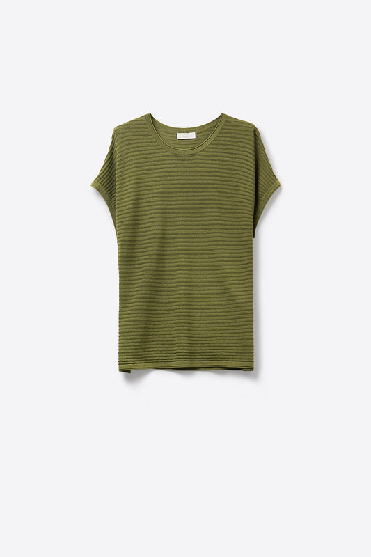 Q2 Pull à manches courtes en maille côtelée vert olive
