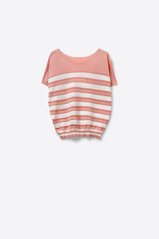 Q2 Pull à manches courtes en maille fine rayée rose