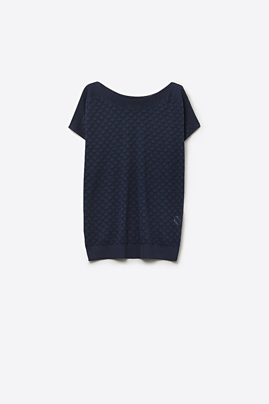 Q2 Pull à manches courtes en maille texturée motif en bleu marine