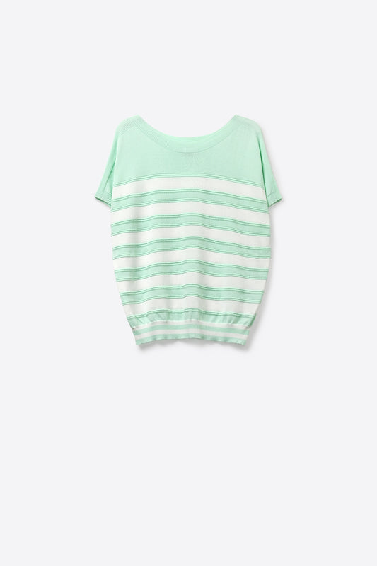 Q2 Pull à manches courtes en tricot rayé vert menthe