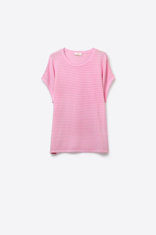 Q2 Pull ample en maille côtelée rose avec manches tombantes