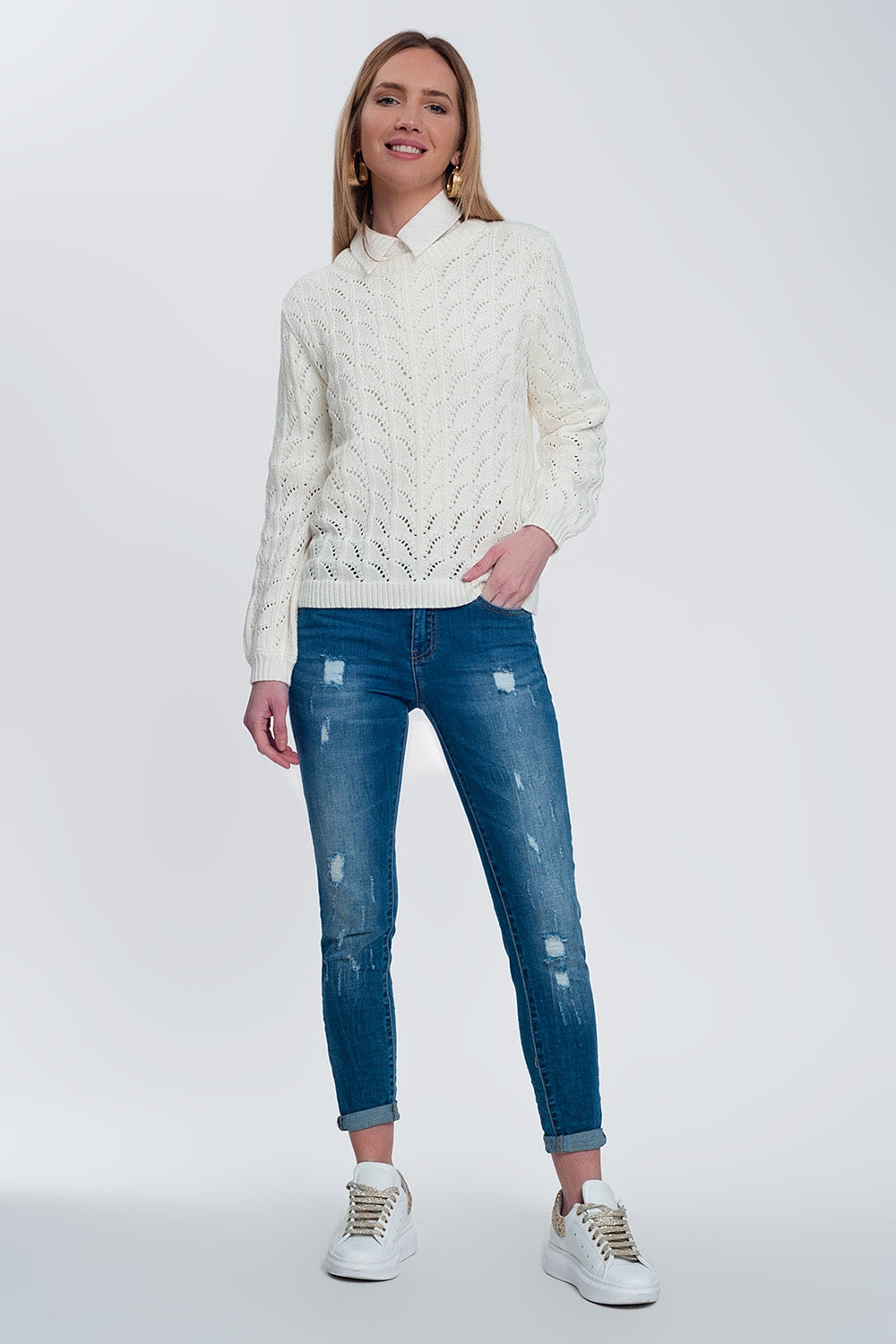 Pull au crochet en crème