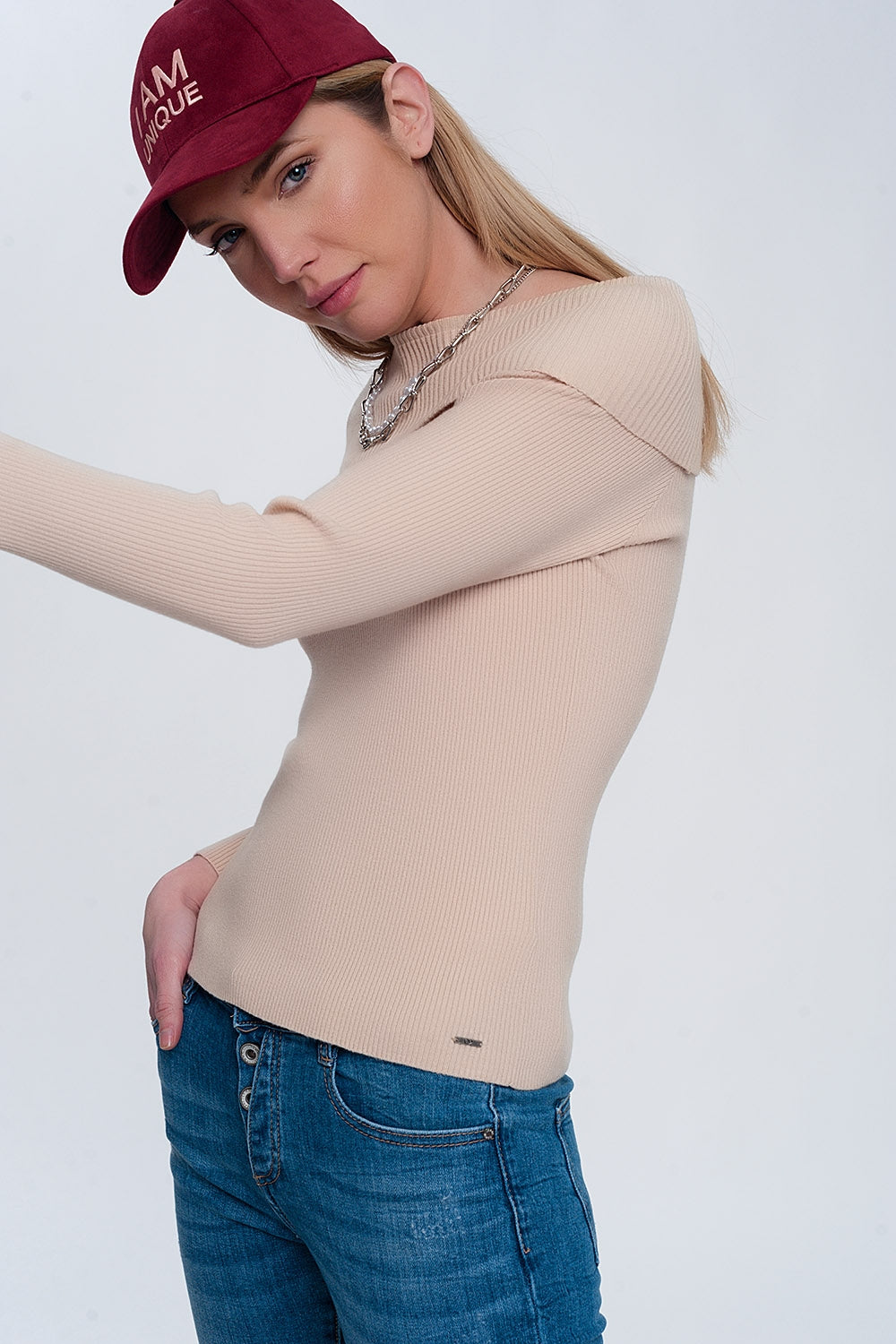 Pull Bardot à grosses côtes beige