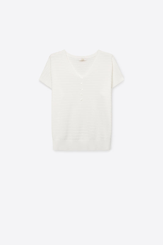 Q2 Pull blanc en maille à col en V avec boutons sur le devant