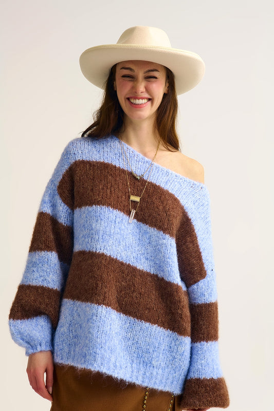 Q2 Pull bleu en tricot rayé duveteux avec manches ballon