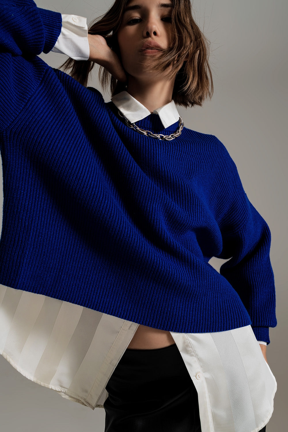 Pull bleu épais et décontracté en tricot épais