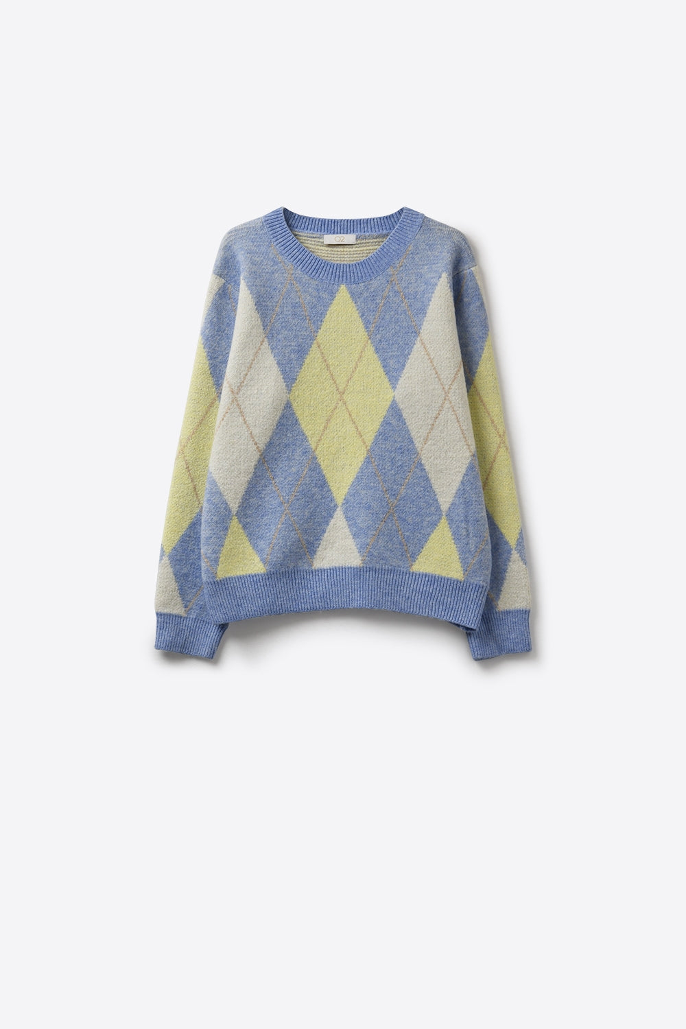 Pull bleu et jaune à motifs de losanges en maille douce et moelleuse