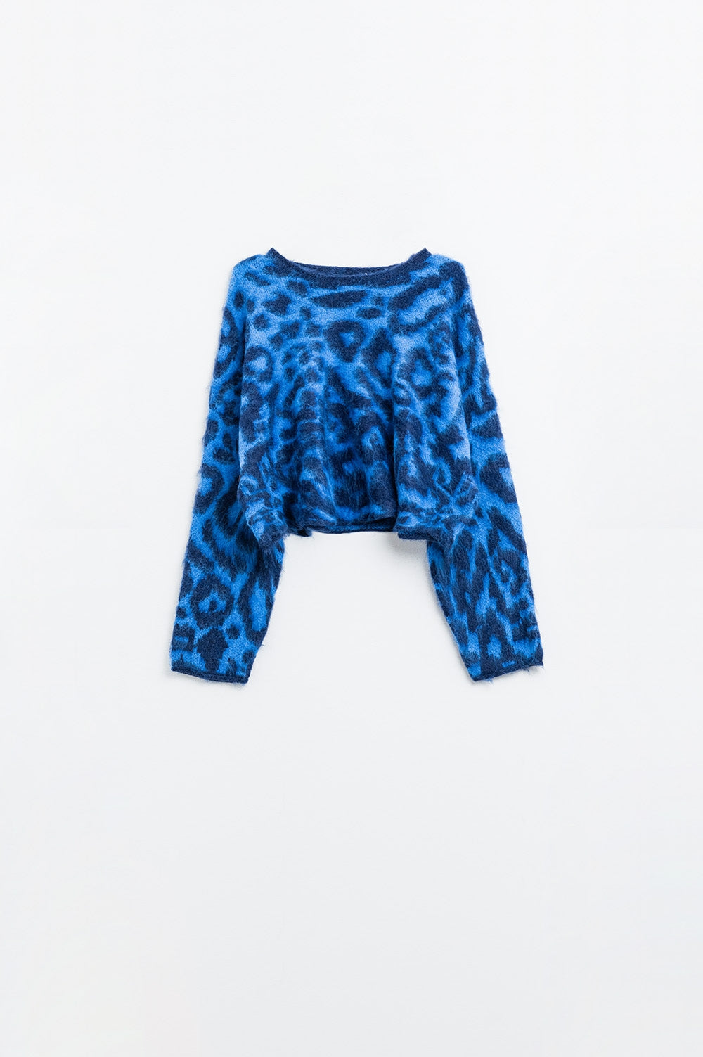 Pull bleu imprimé léopard en tissu tricoté avec de la laine