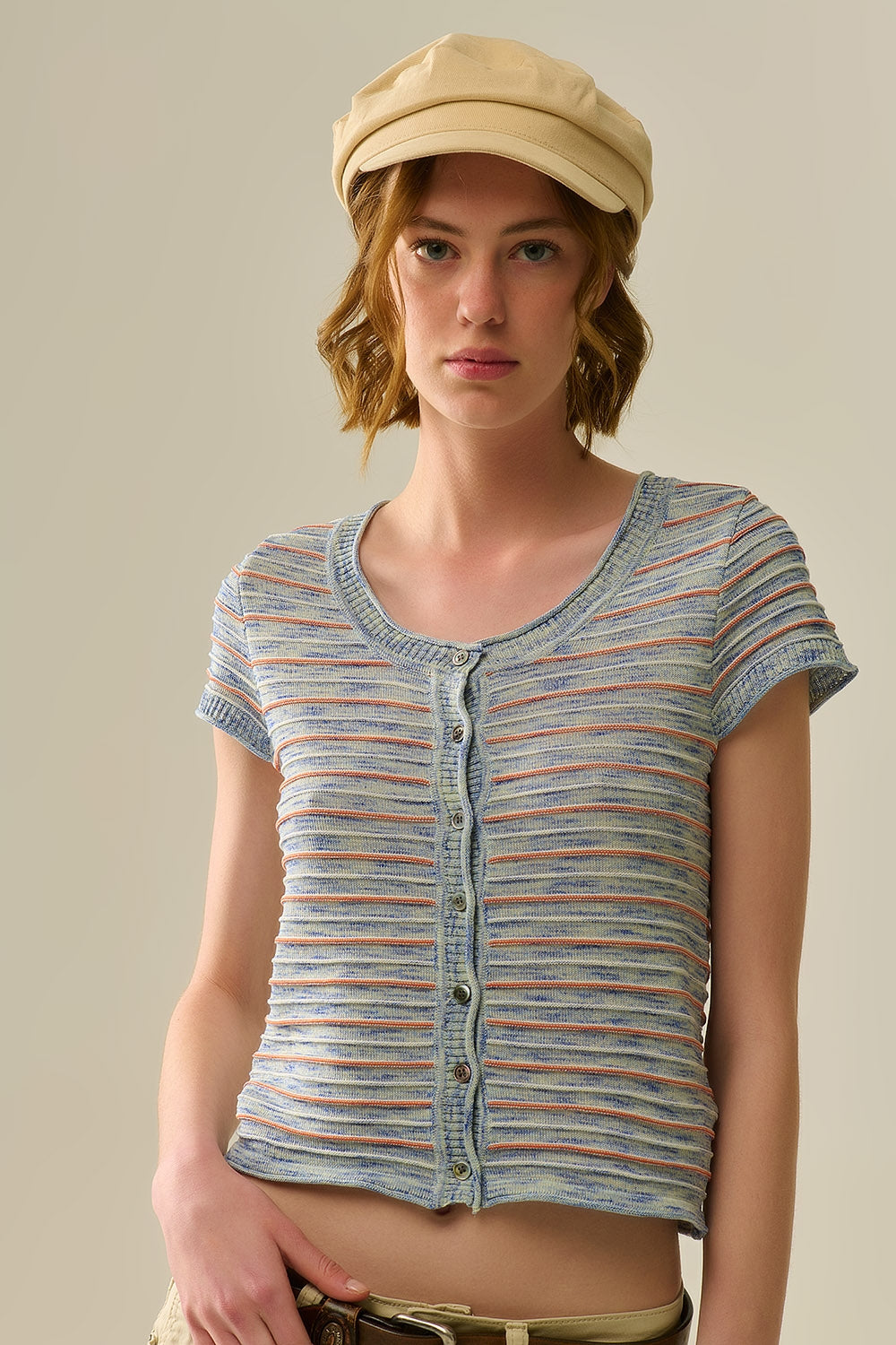 Pull Boutonné Bleu à Rayures Oranges