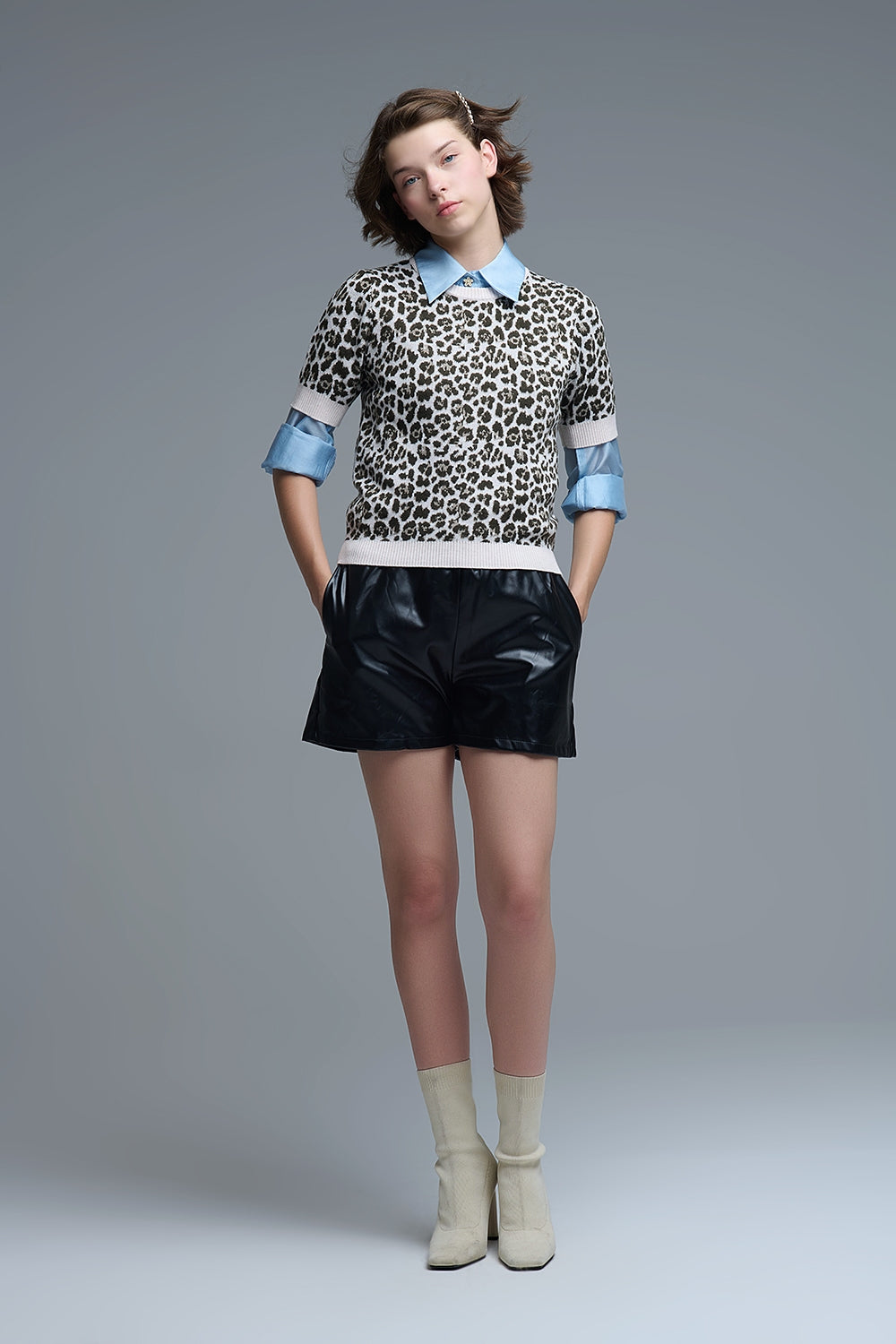 Pull chic à manches courtes imprimé léopard