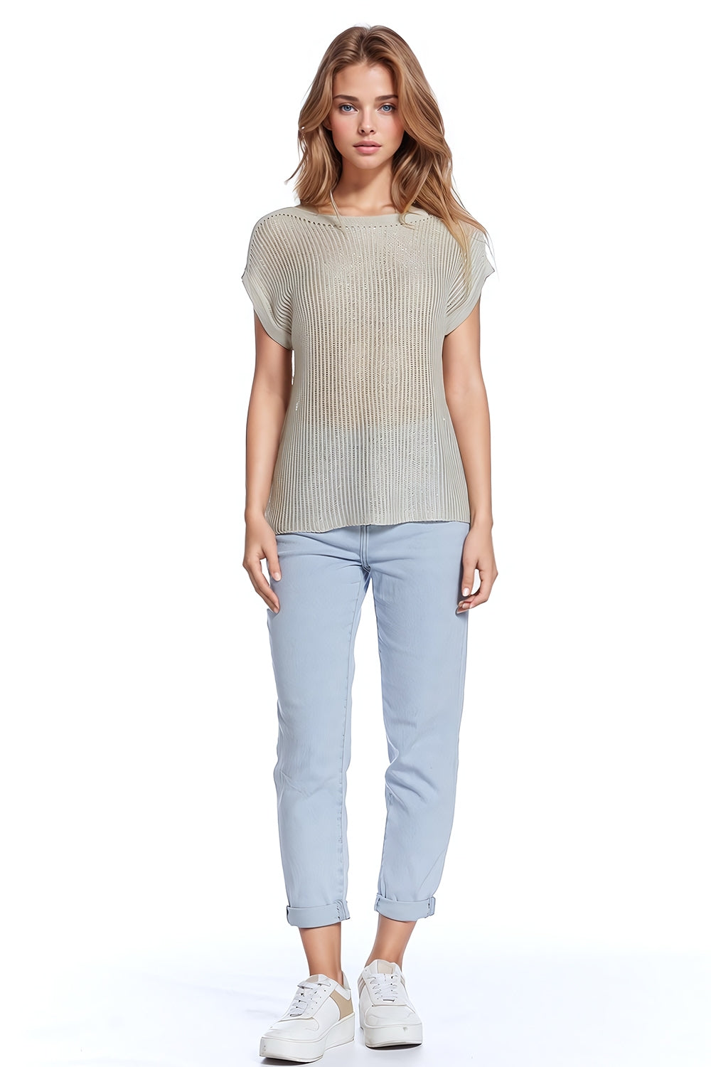 Pull côtelé à encolure bateau avec manches courtes en beige