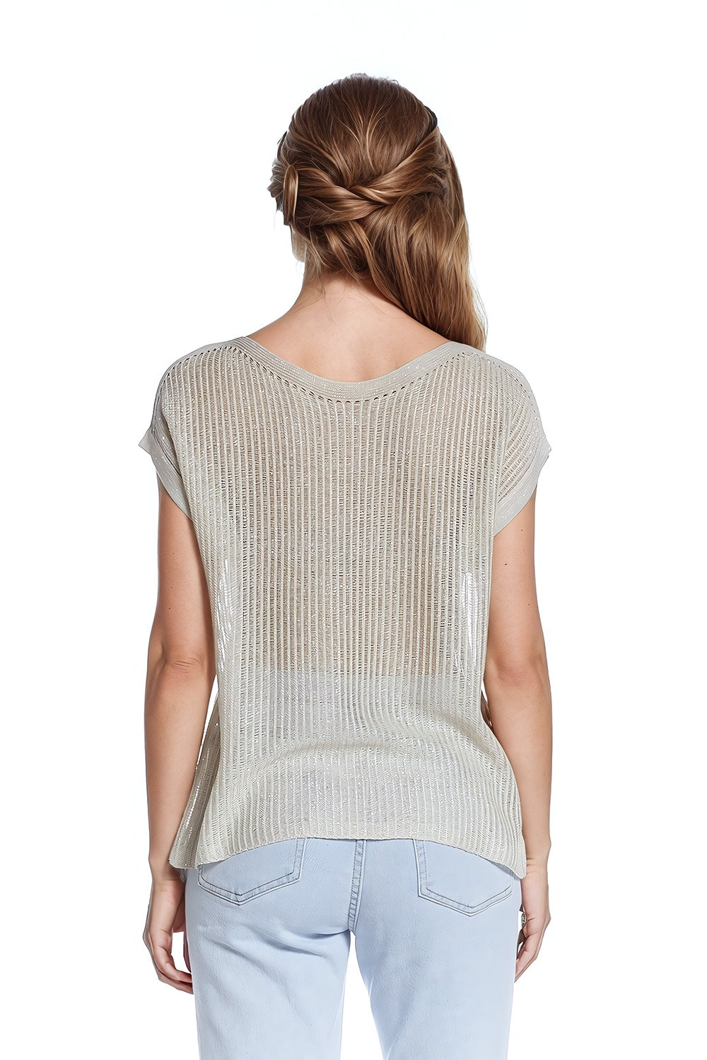 Pull côtelé à encolure bateau avec manches courtes en beige