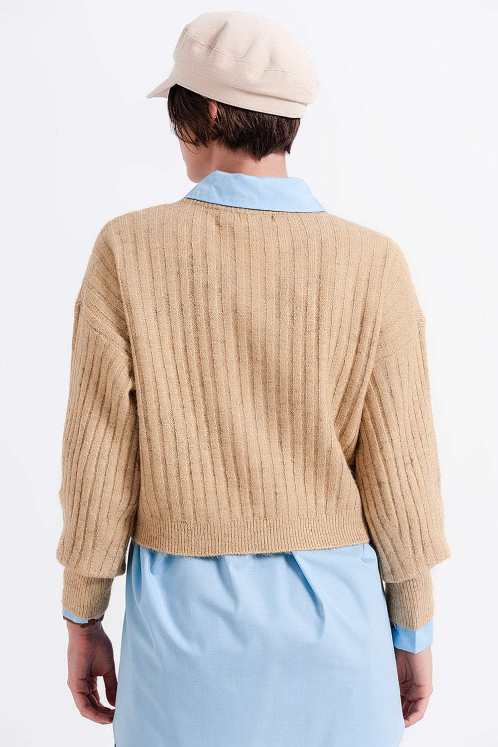 Pull côtelé avec rayures beige