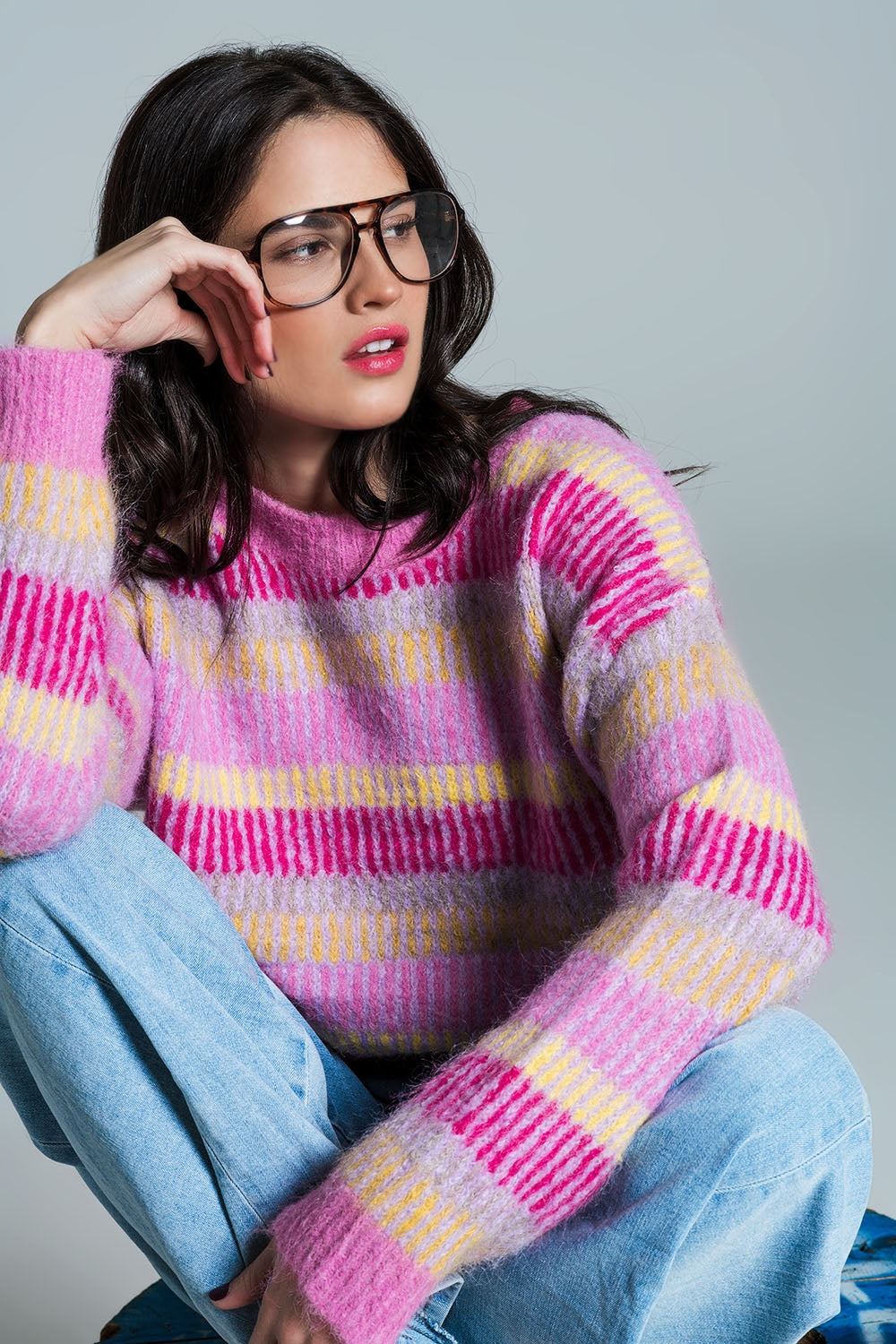 Q2 Pull décontracté à rayures horizontales rose fuchsia et jaune