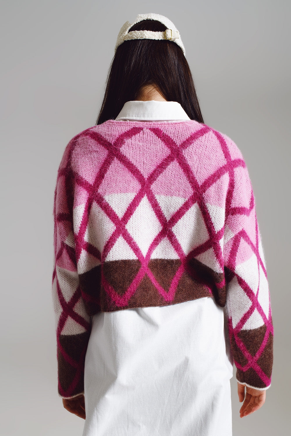 Pull décontracté avec motif argyle et rayures dans des nuances de rose