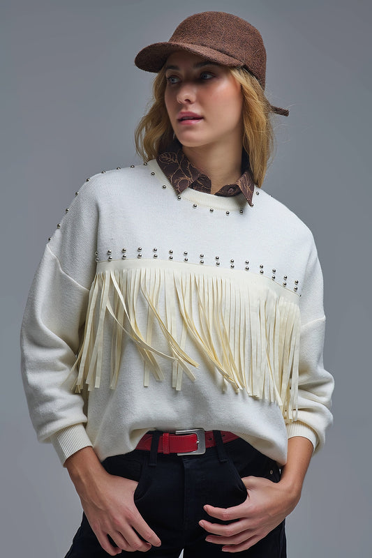 Q2 Pull élégant en tricot blanc avec franges