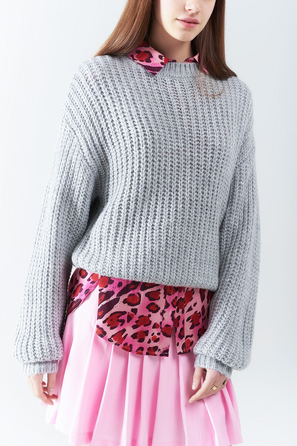 Pull en grosse maille gris clair à manches ballon