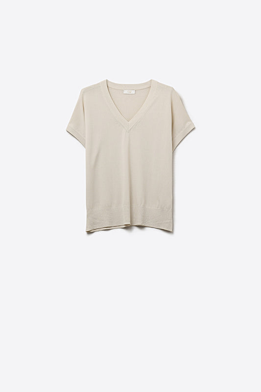 Q2 Pull en maille à col en V coupe décontractée couleur beige