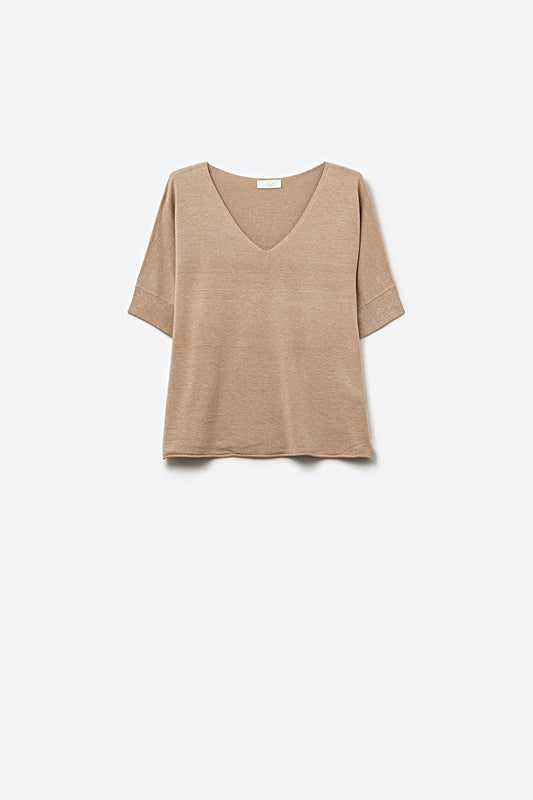 Q2 Pull en maille beige à col en V et coupe décontractée