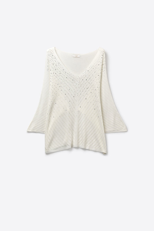 Q2 White V-Neck Embellished Knit Sweater Top