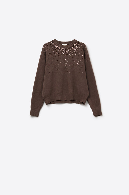 Q2 Pull en maille douce marron orné de paillettes sur le devant