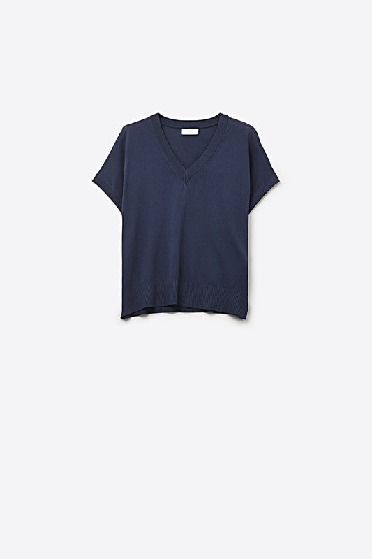 Q2 Pull en maille fine à manches courtes et col en V bleu marine