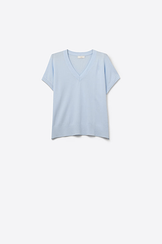 Q2 Pull en maille fine décontracté col en V bleu clair